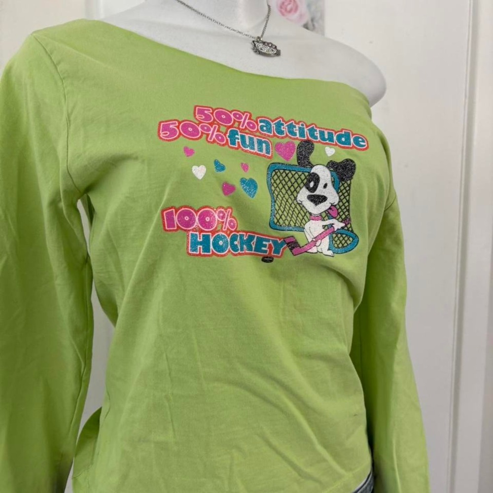 Y2K Lime Green Graphic Baby Tee – "100% Hockey" Dog Print - Picture 3 of 3